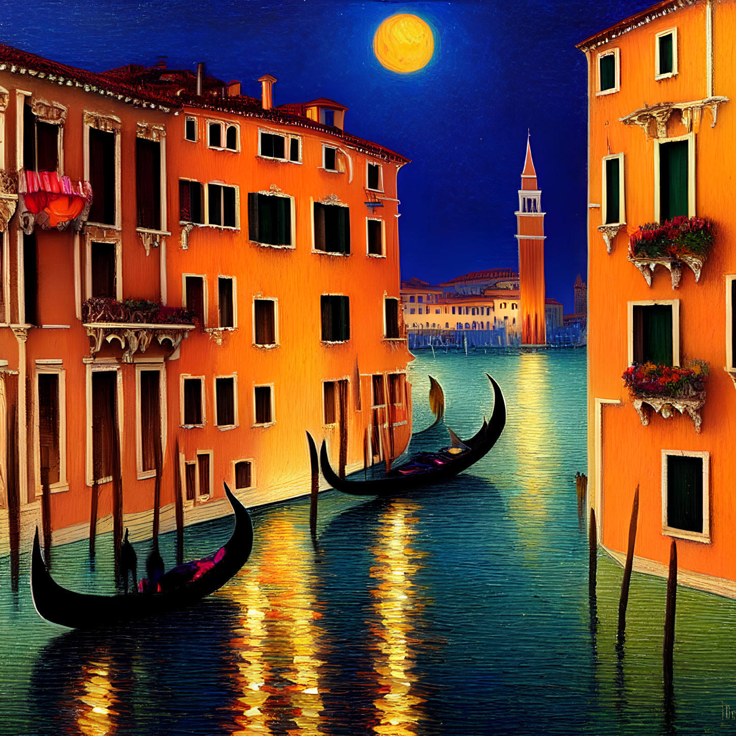 Nighttime painting of Venice with gondolas, orange buildings, and full moon reflection