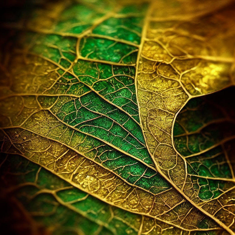 Detailed close-up of green and gold leaf with intricate vein structure