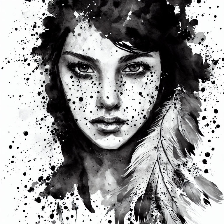 Monochrome watercolor painting of a woman with expressive eyes and feathers in her hair.
