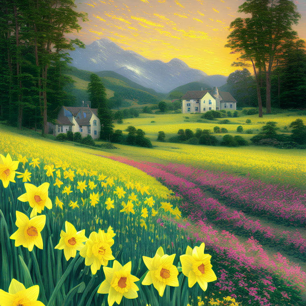 Tranquil countryside landscape with blooming daffodils, wildflowers, houses, and mountains