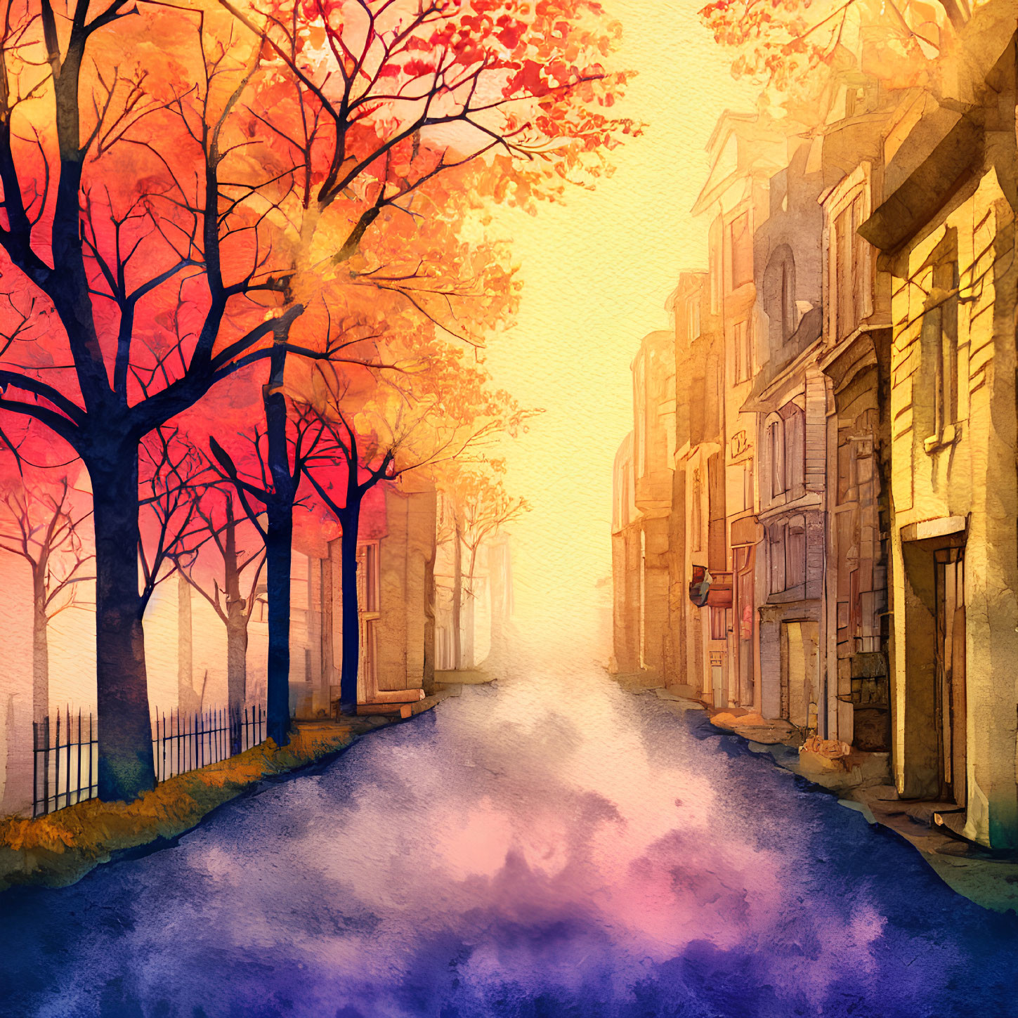 Autumnal street scene watercolor painting with warm-toned trees and quaint buildings.
