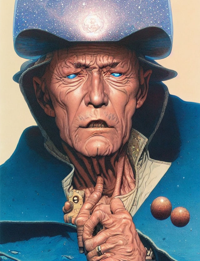 Detailed Illustration: Elderly Man in Futuristic Blue Uniform and Cowboy Hat with Hovering Orbs