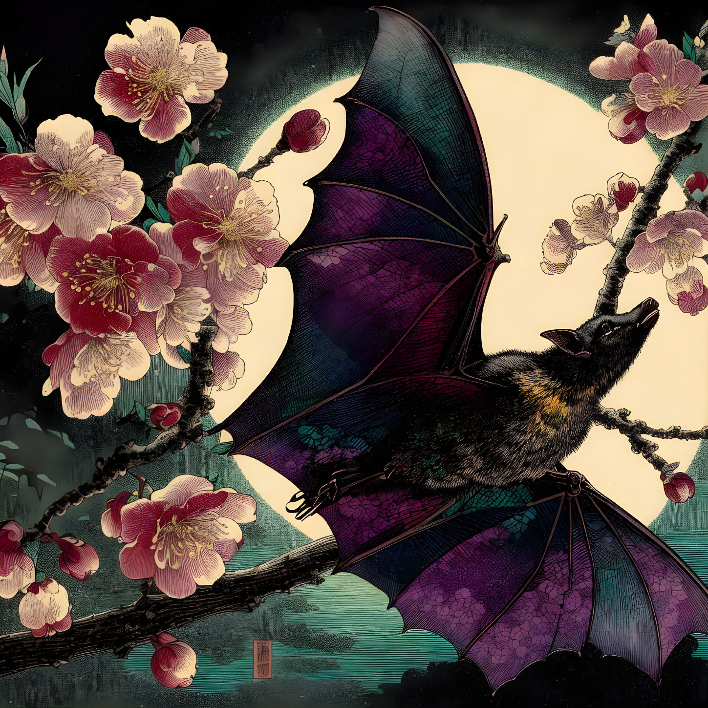 a bat flits in moonlight above the plum blossoms