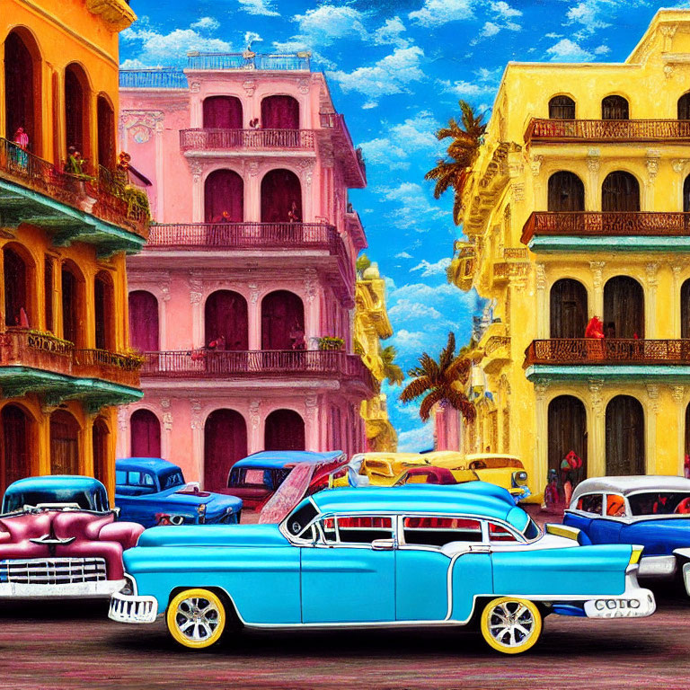 Vibrant vintage cars in front of pastel colonial buildings