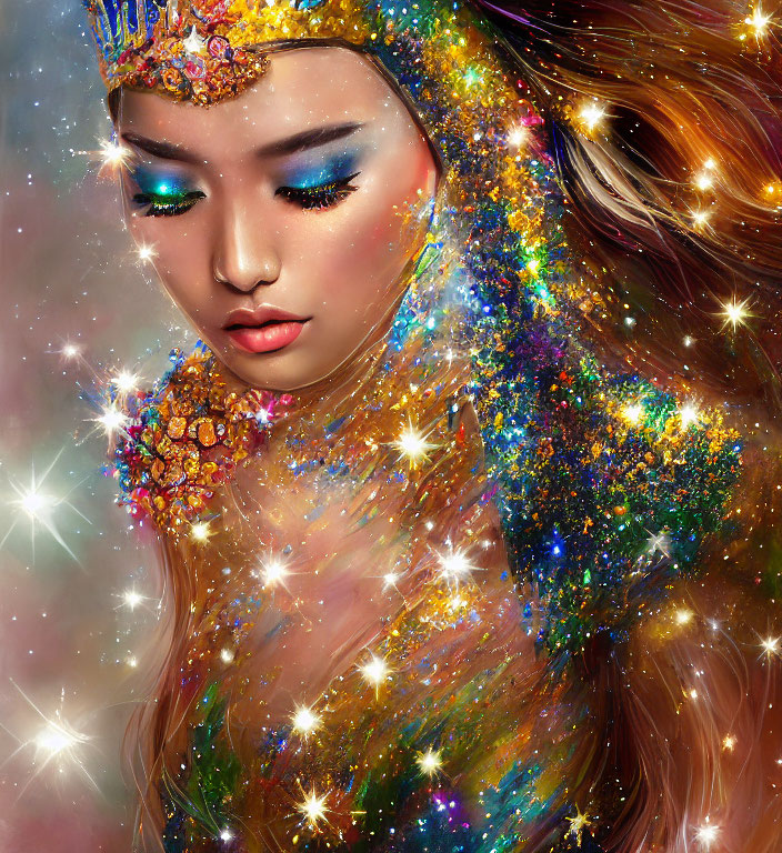 Cosmic-inspired makeup and galaxy-themed attire on a woman