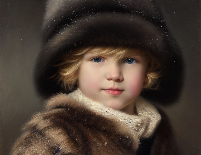 Child portrait with bright blue eyes in fur hat and coat on brown background