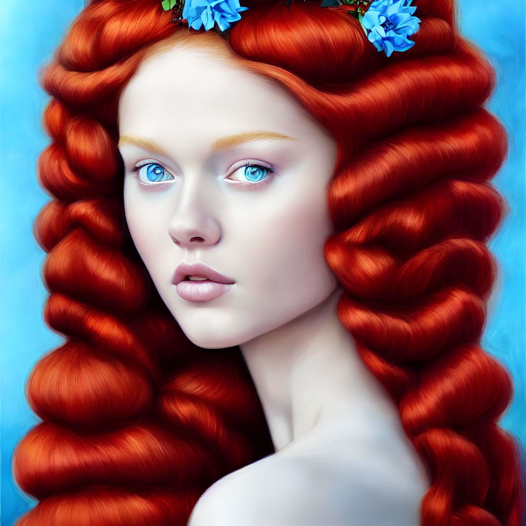 Portrait of Woman with Red Hair in Braid Loops and Blue Flowers