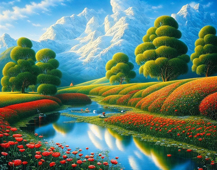 Colorful landscape painting with red flowers, topiary trees, blue river, ducks, snowy mountains