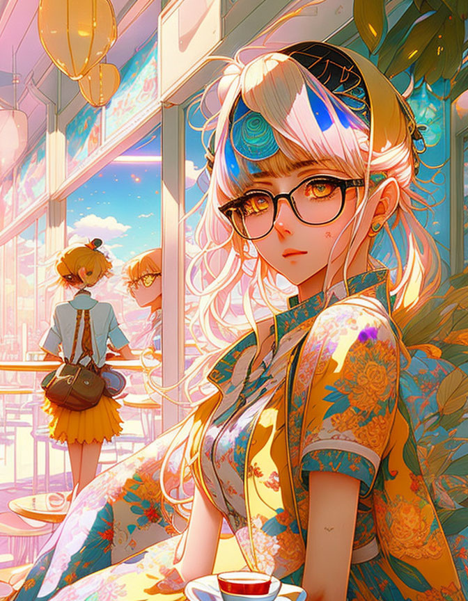 Colorful Anime-style Illustration: Girl with Blue Hair and Glasses Sitting at Café with Another Character in