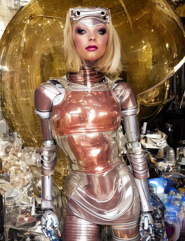 Shiny metallic robot costume with futuristic makeup and golden orb