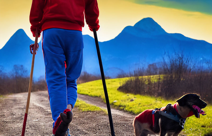 Person Nordic walking with a dog against mountain backdrop