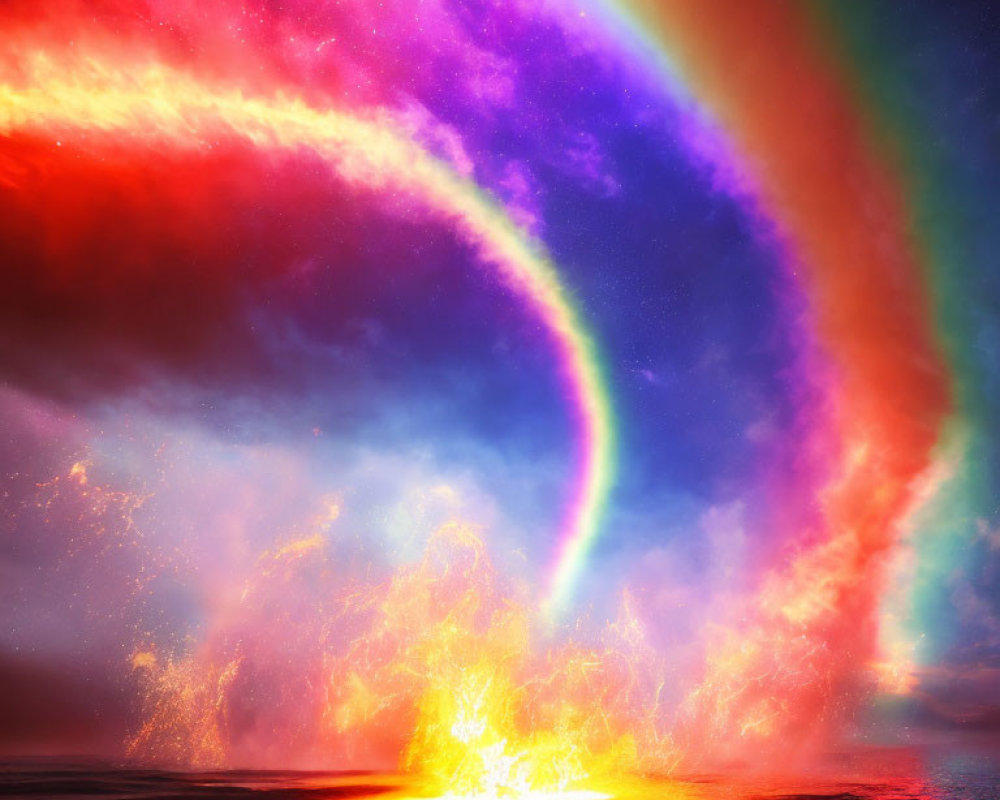 Double rainbow over fiery ocean explosion at sunset