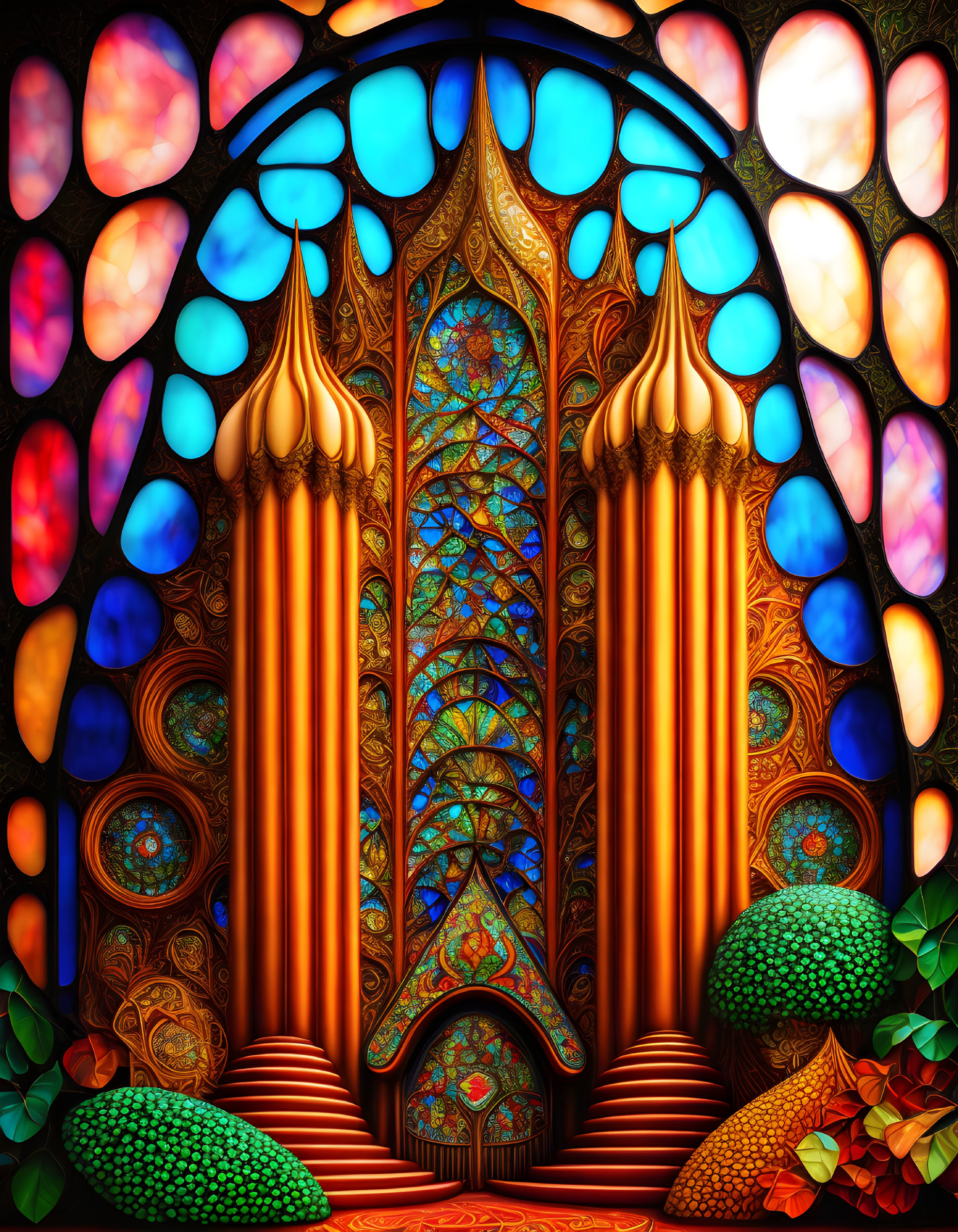 Colorful stained glass window in ornate, arched interior with stylized trees