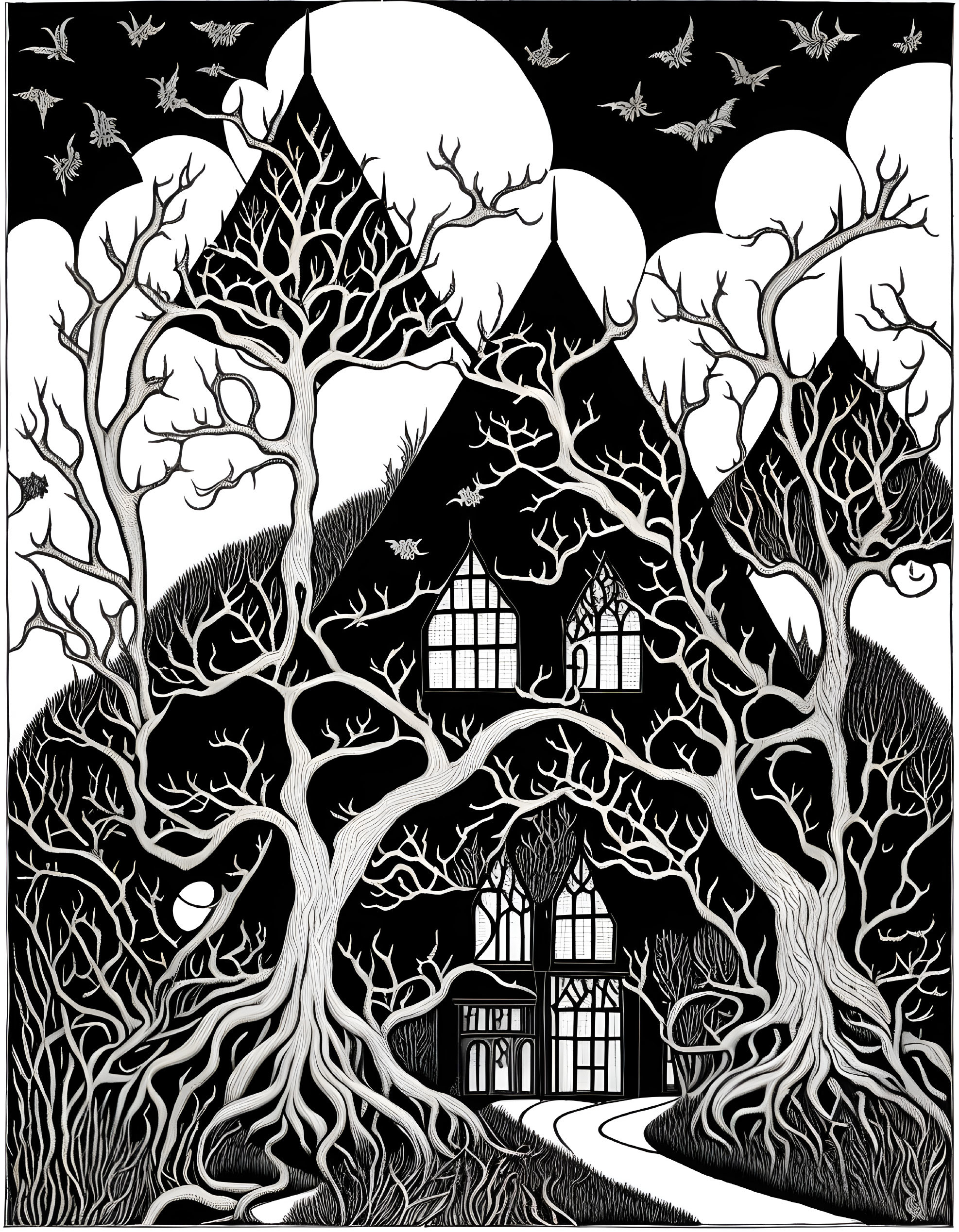 Detailed black and white whimsical house illustration with twisting trees and full moon