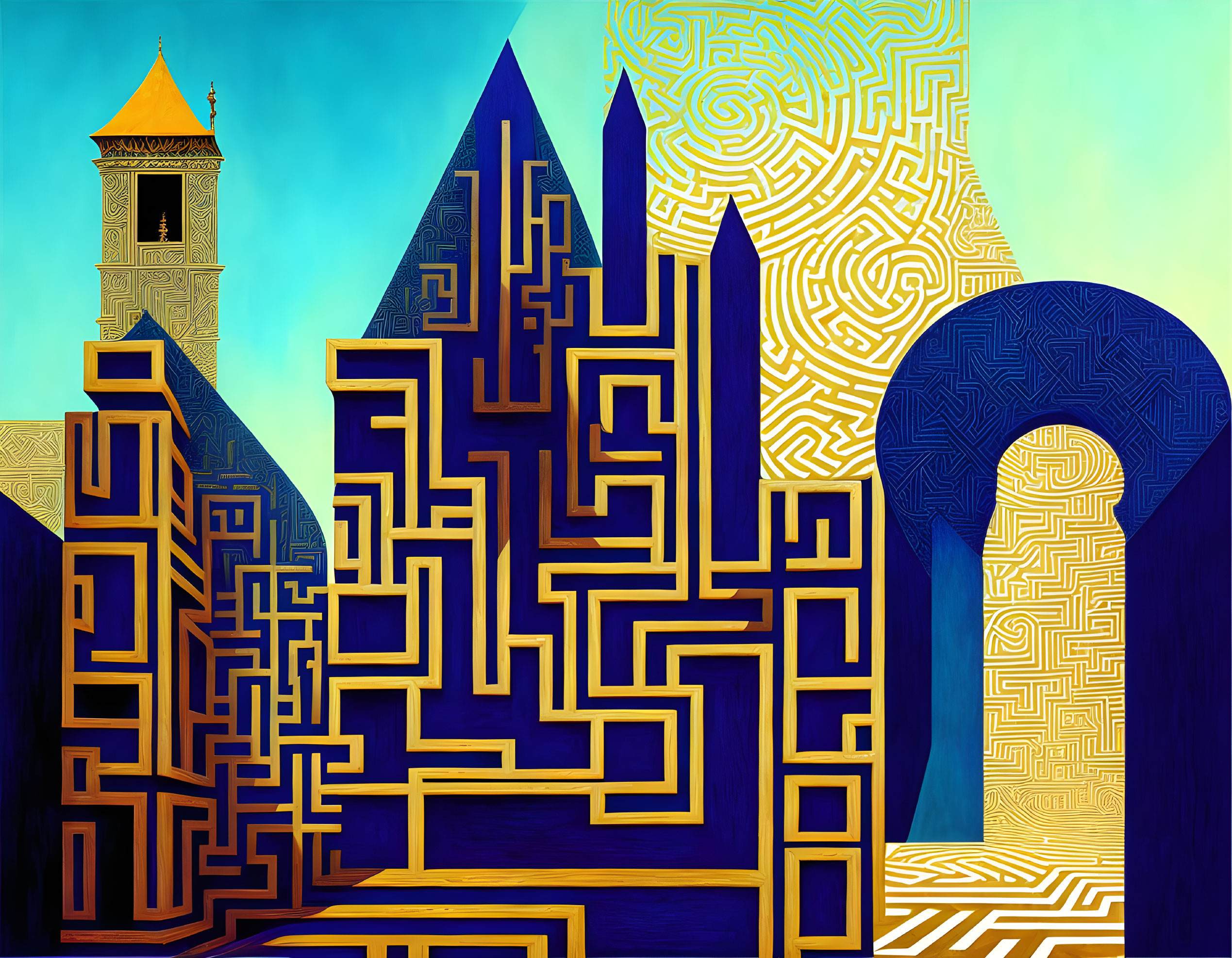 Geometric Labyrinth Art: Bell Tower, Archways in Blue, Gold & Turquoise