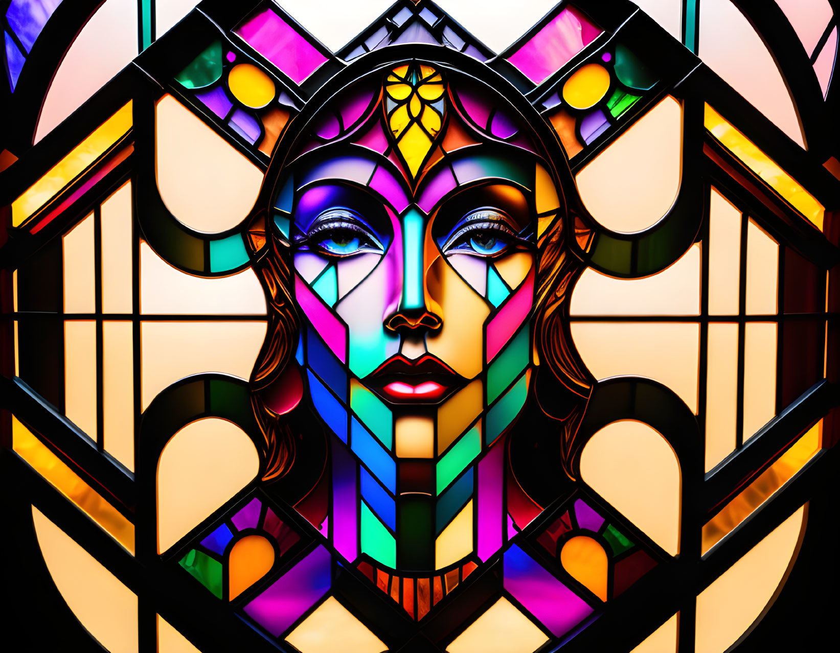 Abstract Female Face Stained Glass Artwork with Symmetrical Patterns