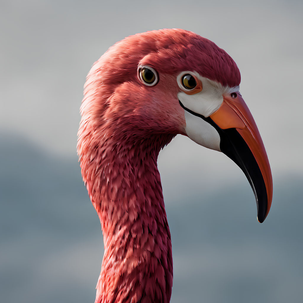 Detailed Flamingo Head with Feathers and Sharp Beak on Grey Background