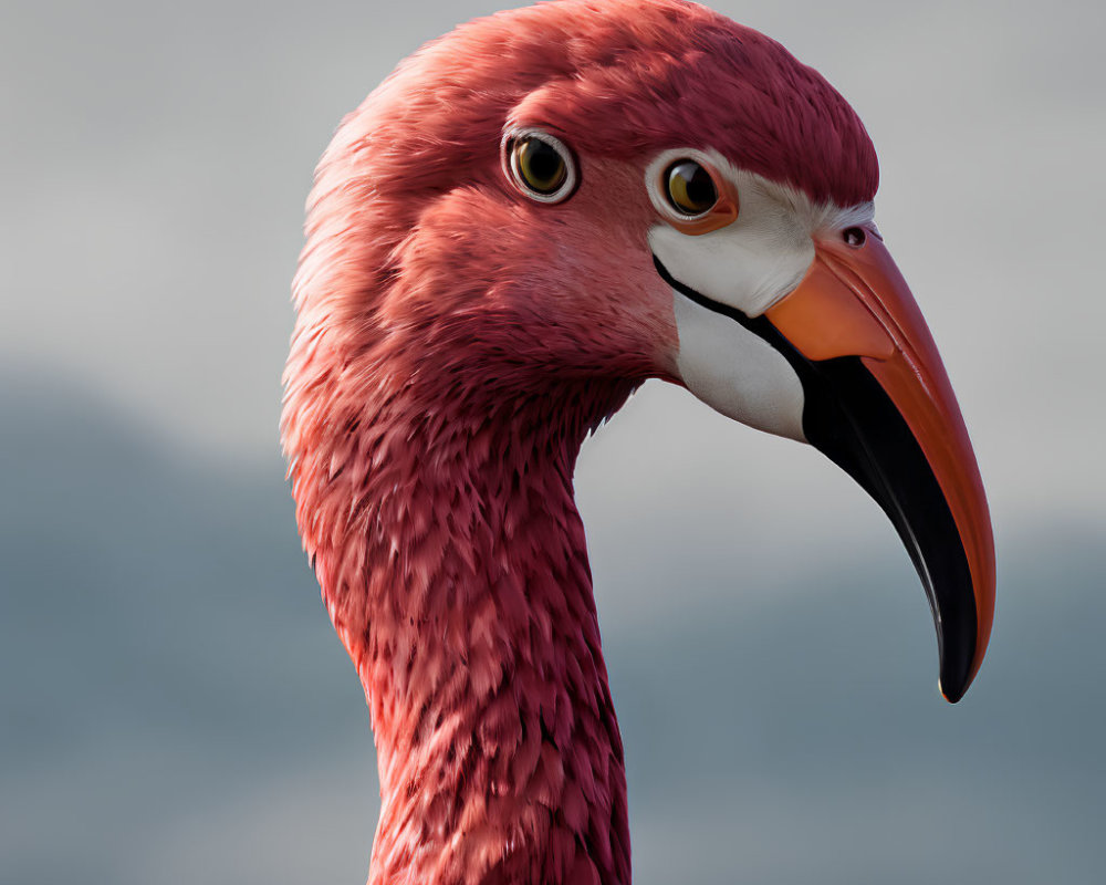 Detailed Flamingo Head with Feathers and Sharp Beak on Grey Background