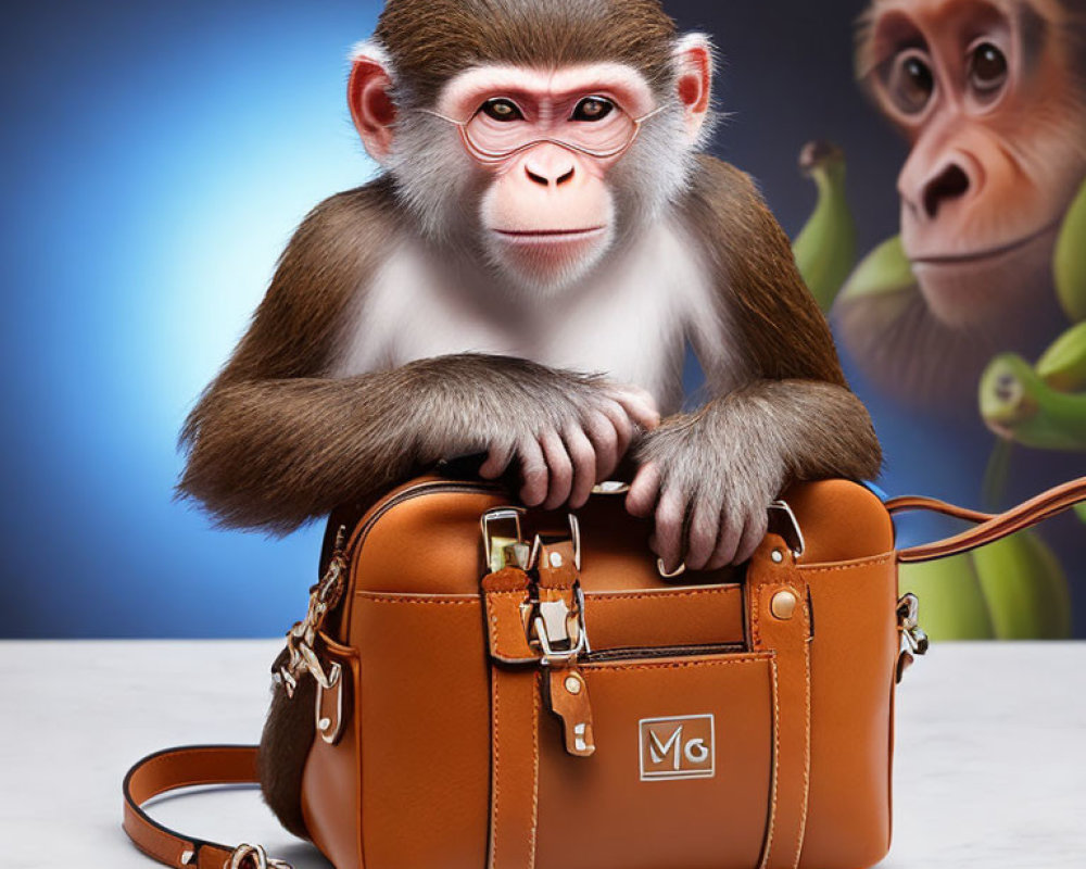 Realistic digital artwork of young monkey with tan leather handbag