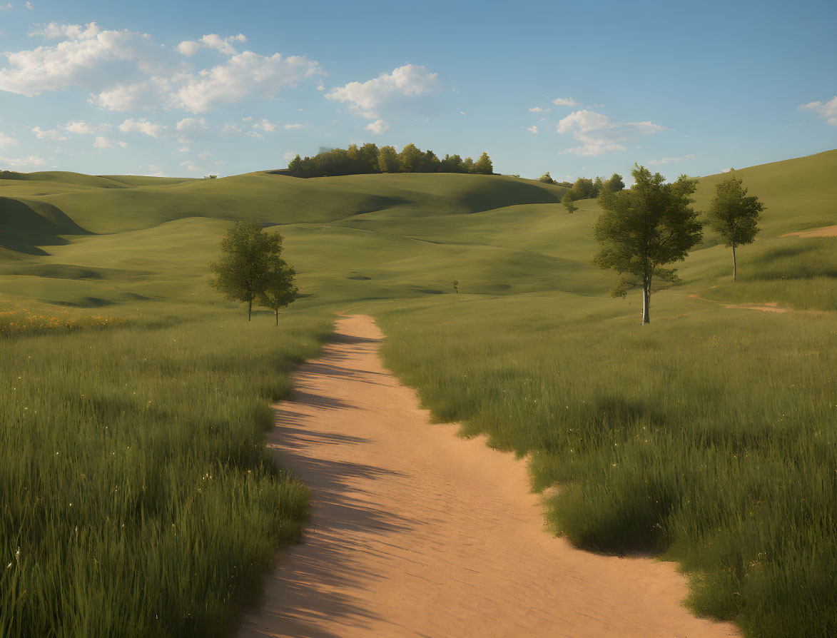 Tranquil landscape with winding dirt path and green hills