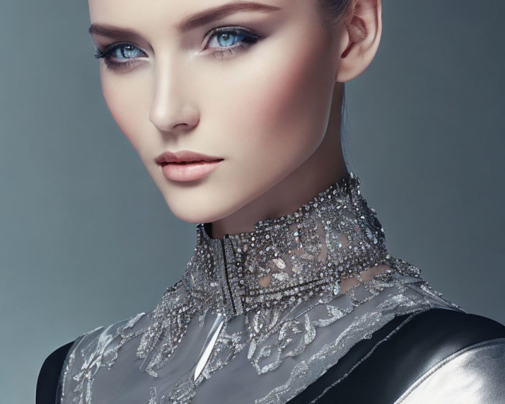 Portrait of Woman with Striking Blue Eyes in High-Collared Metallic Outfit