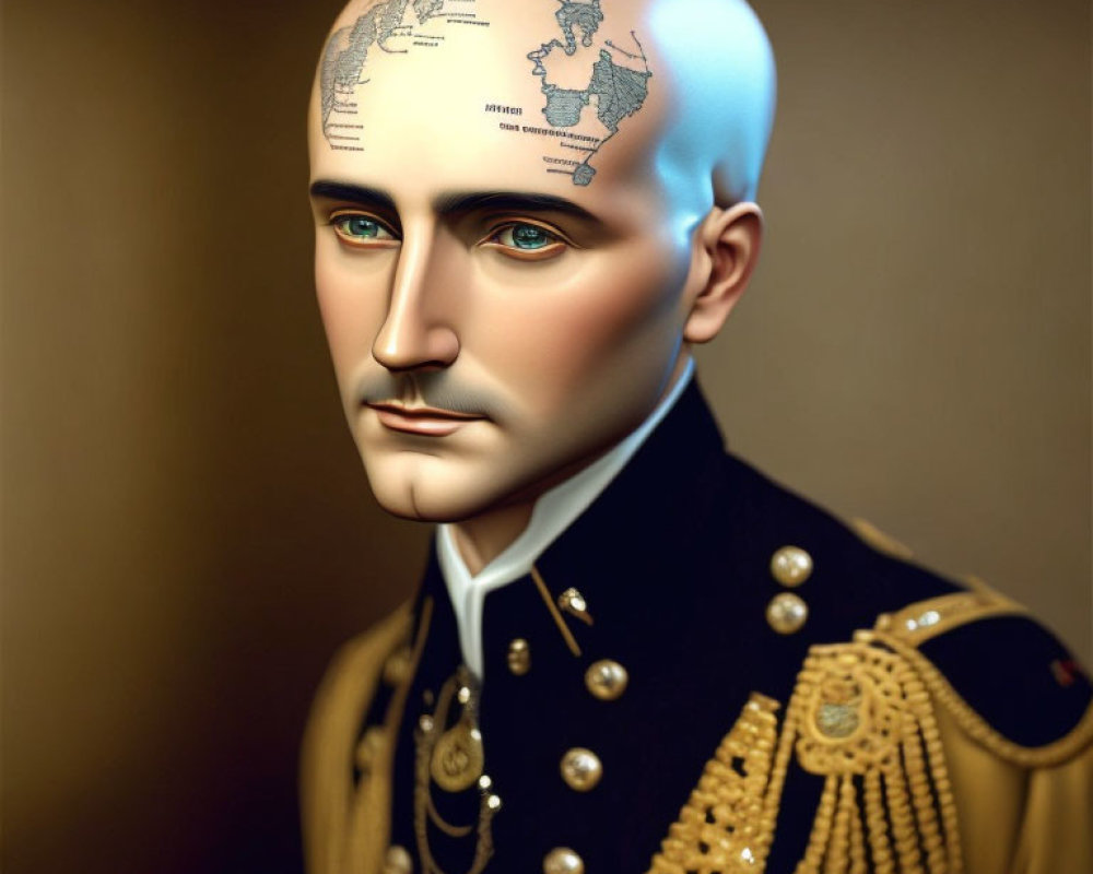 Man in military uniform with world map tattoo on shaved head