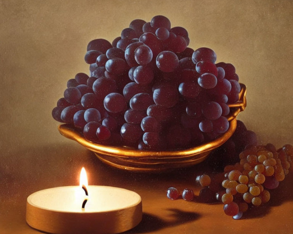 Glowing candle with dark grapes on golden dish in classic still life setting