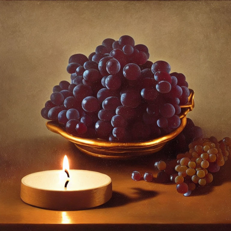 Glowing candle with dark grapes on golden dish in classic still life setting
