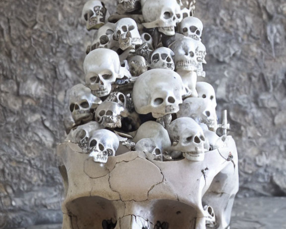 Stacked Human Skulls Sculpture on Stone Floor