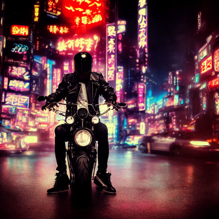 Motorcyclist in helmet and leather jacket on neon-lit cyberpunk city streets