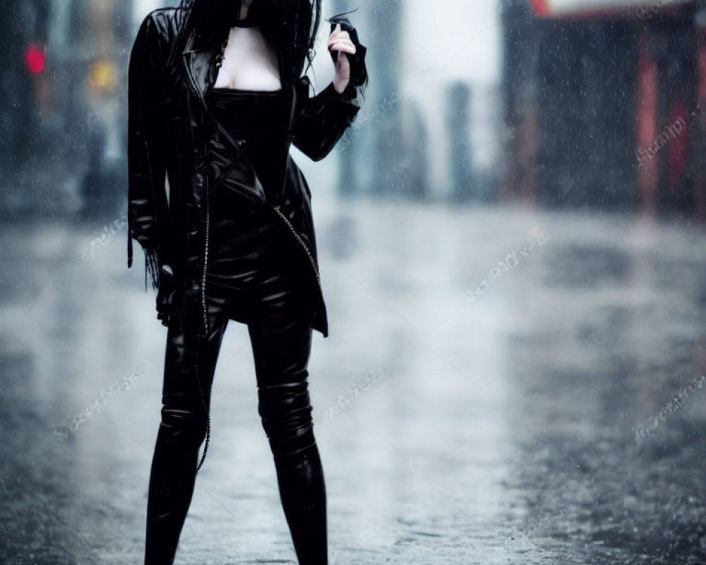 Gothic person in black leather outfit with umbrella on rainy street