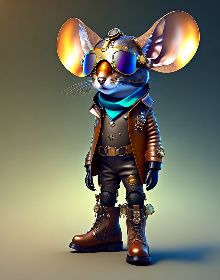 Anthropomorphic Mouse Character in Steampunk Outfit with Gradient Background
