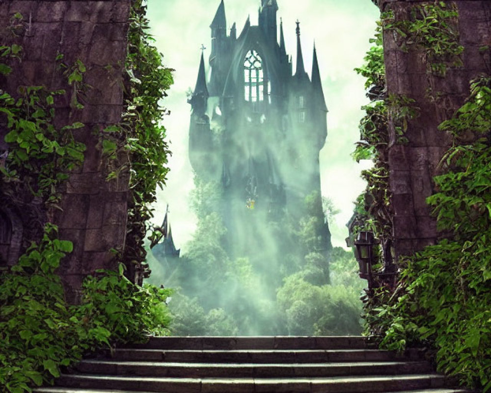 Mystical gothic castle in mist with stone archway and lush greenery