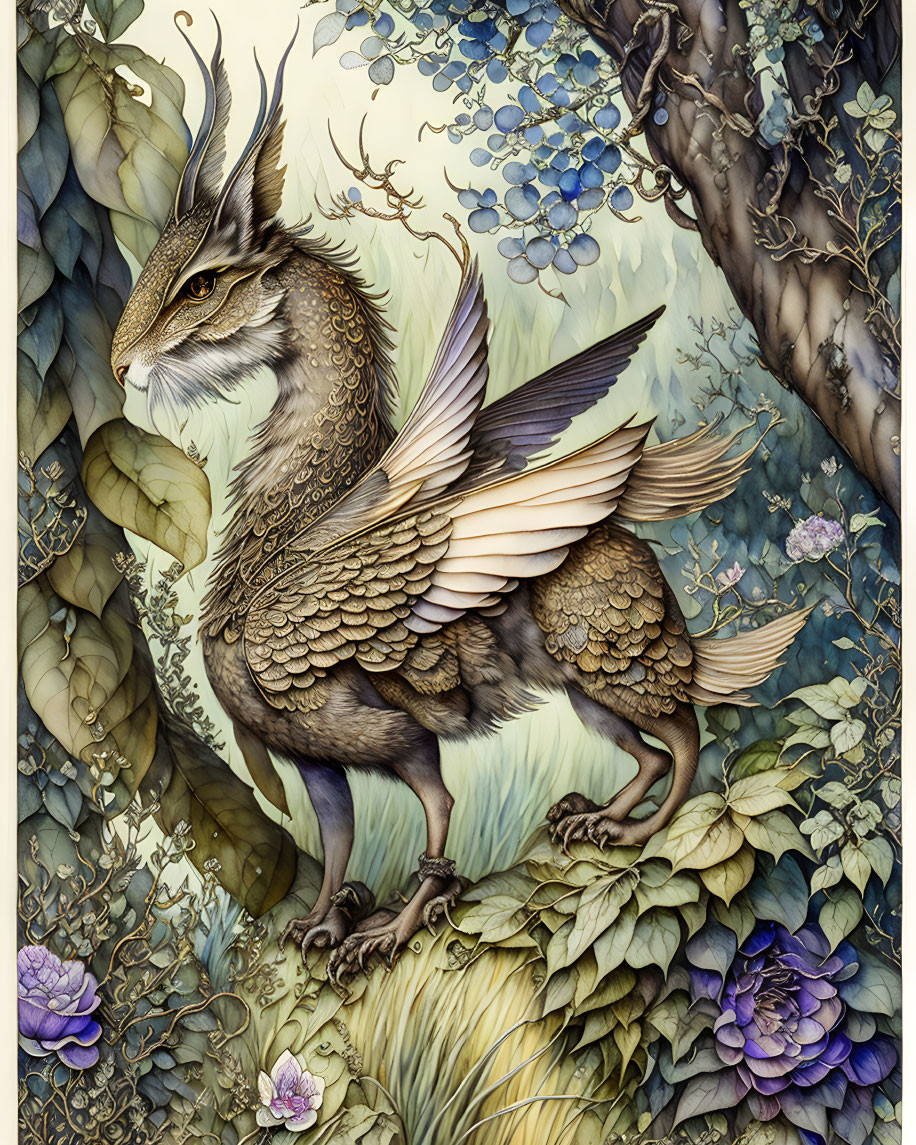 Fantasy creature with bird body and stag head in lush forest