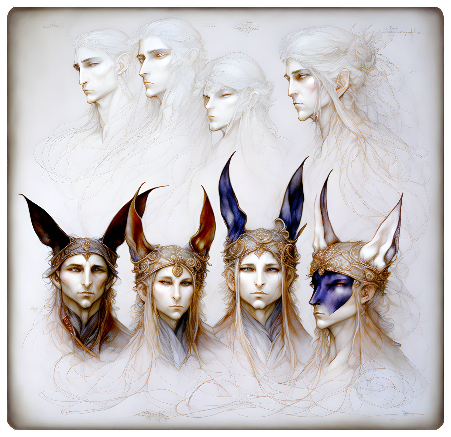 Mythical beings sketches with elf-like ears and horned masks in sepia tone