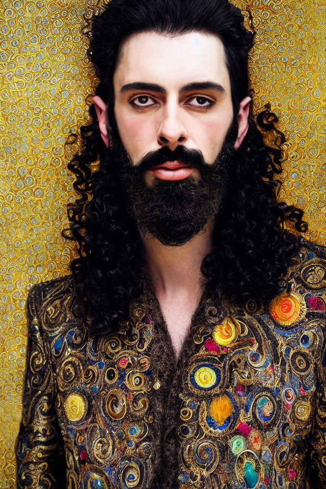 Man with Black Beard and Peacock Jacket on Golden Background