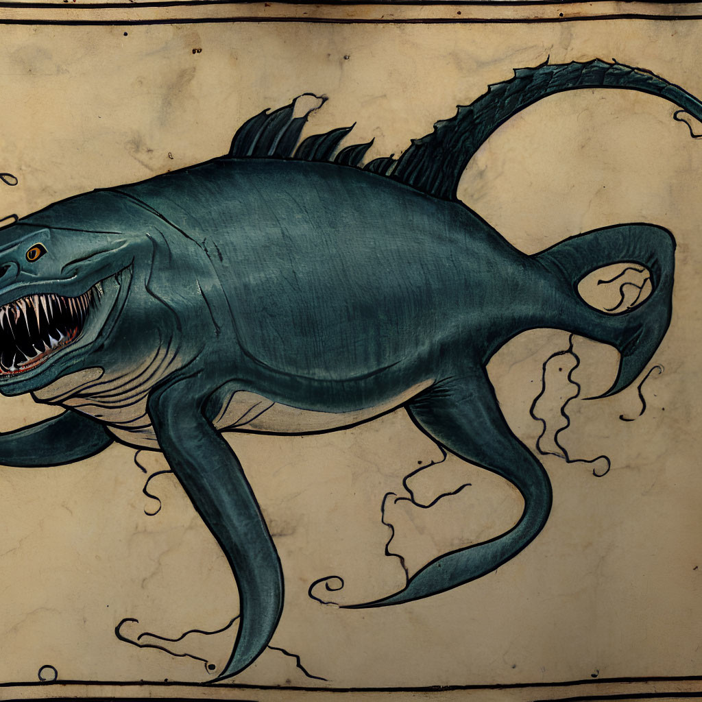 Mythical sea creature with shark features and tentacles in ancient manuscript style