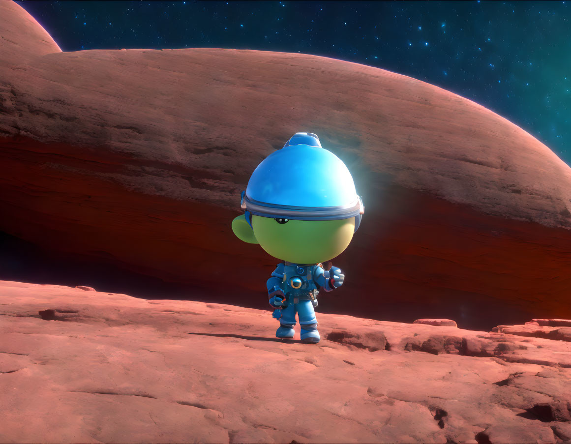 Green Alien in Space Suit on Mars-Like Terrain with Starry Sky