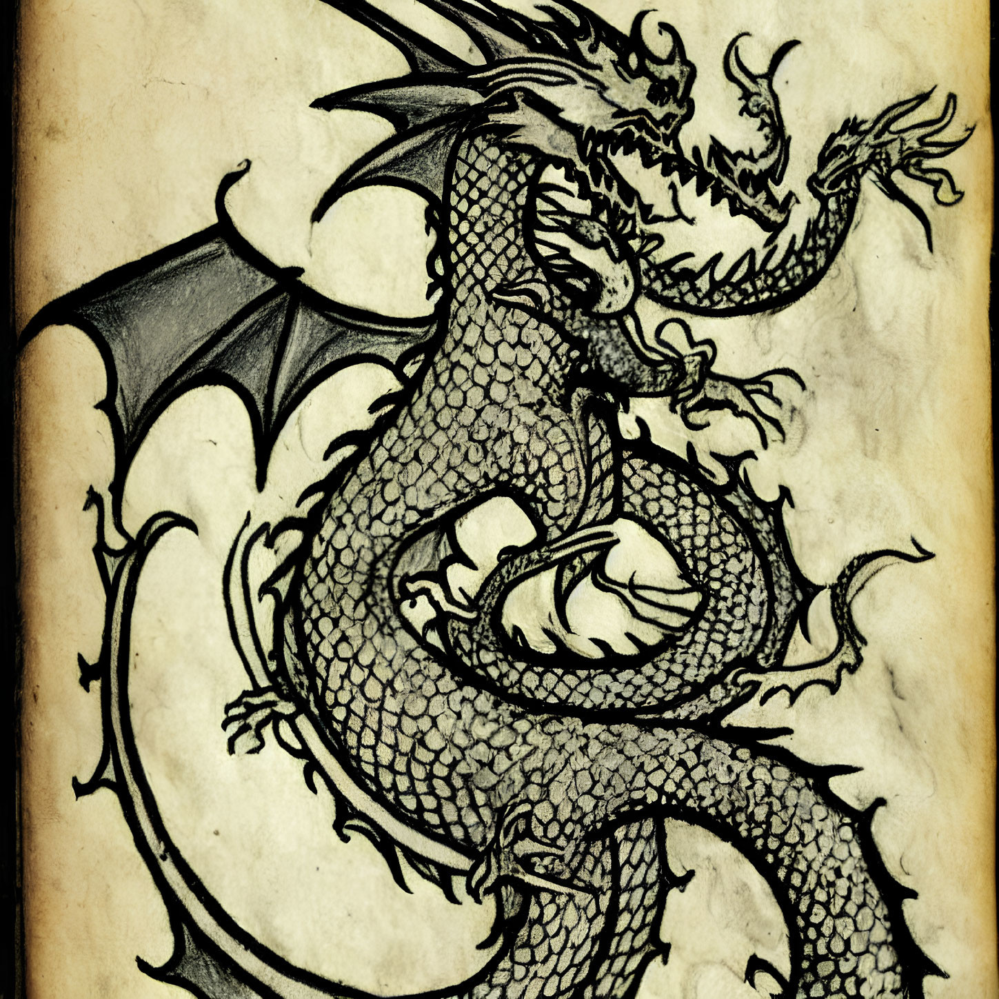 Detailed black ink drawing of traditional eastern dragon on aged parchment