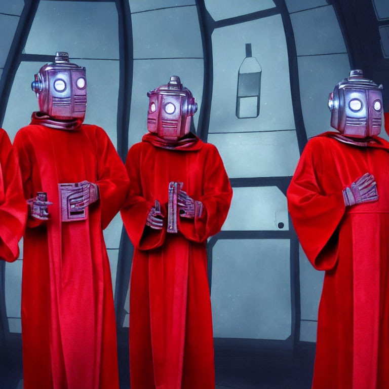 Three people in red robes and metallic robot masks in futuristic room