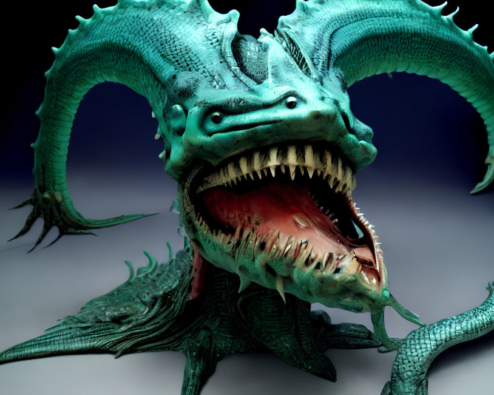 Detailed 3D Rendering of Teal Two-Headed Dragon