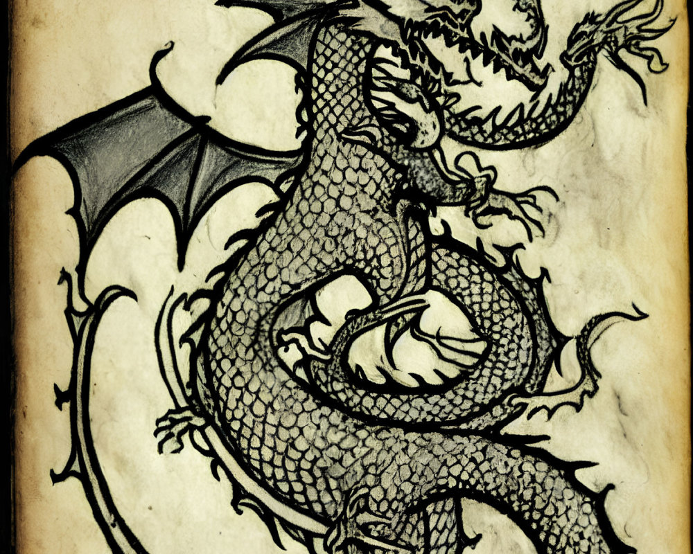 Detailed black ink drawing of traditional eastern dragon on aged parchment