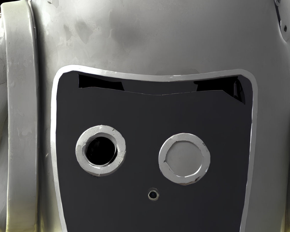 Weathered robot head with humanoid faceplate and circular eyes.