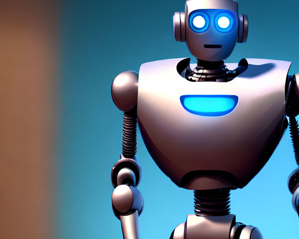 Friendly humanoid robot with glowing blue features on gradient background
