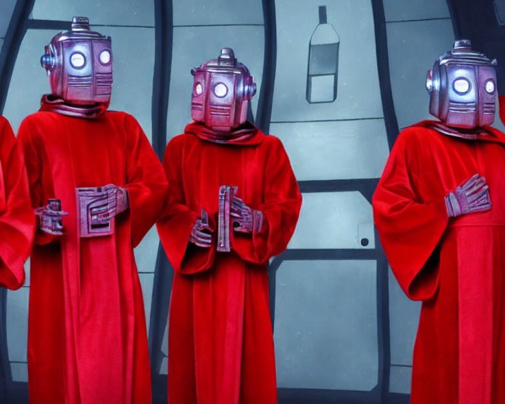 Three people in red robes and metallic robot masks in futuristic room