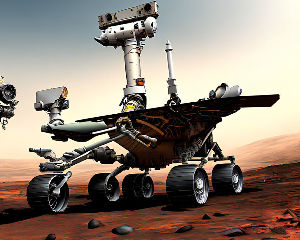CGI illustration of Mars rover on red, rocky surface