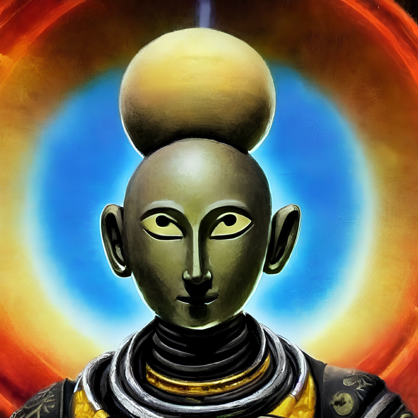 Golden-skinned humanoid figure with orb, pointy ears, and halo background.