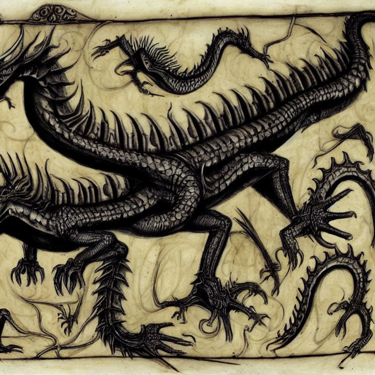 Detailed Drawing of Multi-Headed Dragon on Textured Background