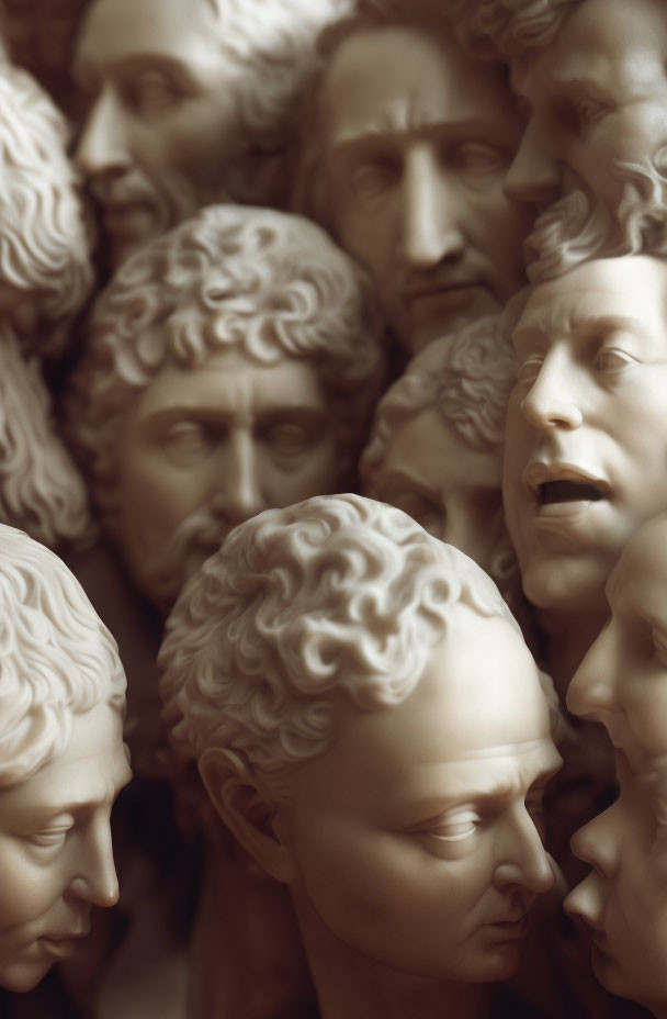 Classical busts with detailed features in sepia tones