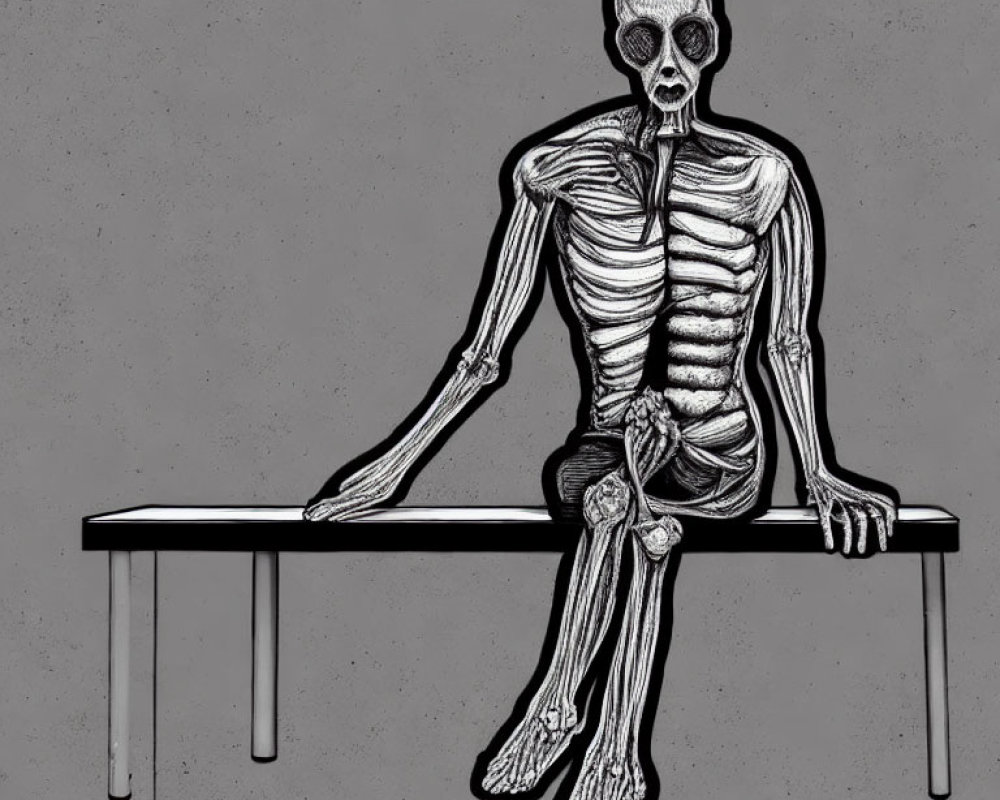 Illustration of skeletal figure with oversized skull on bench against grey background